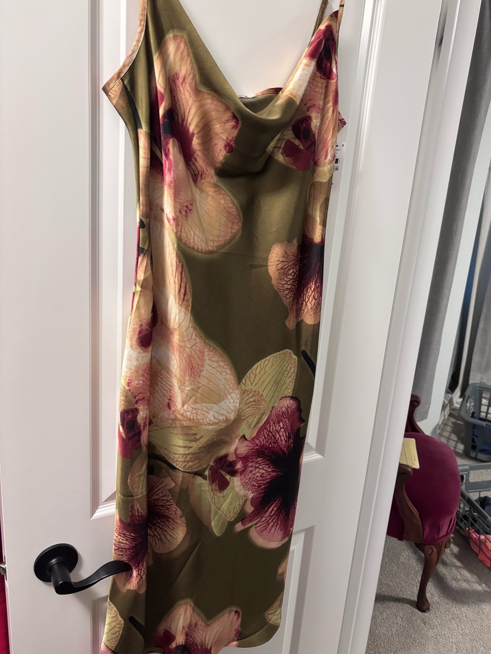 Ardene Olive Satin Slip Dress with Pink Floral Accents